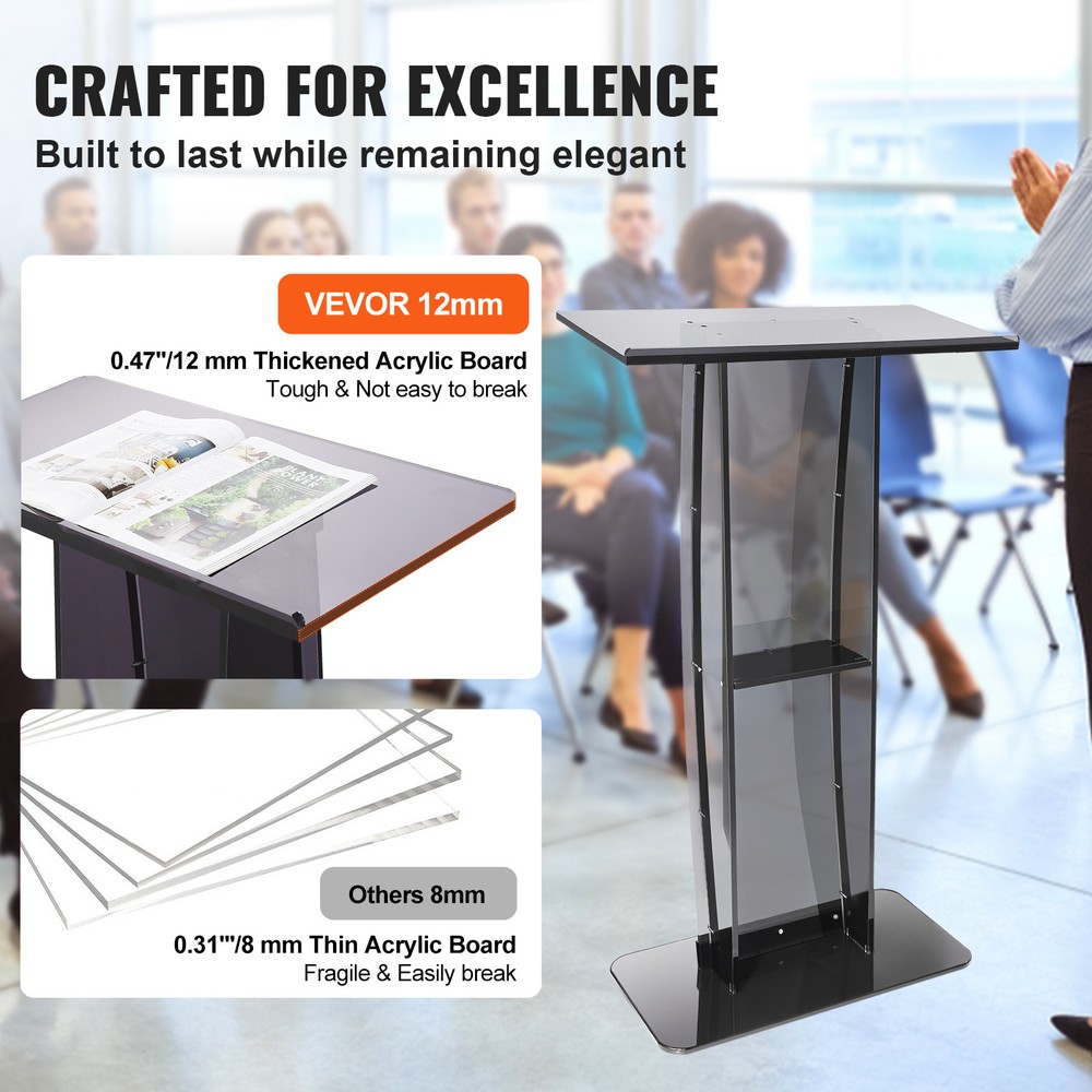 VEVOR Acrylic Podium Stand 47" Reading Surface Storage Shelf Black