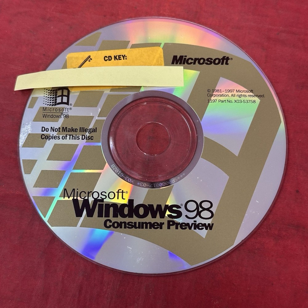Microsoft Windows 98 Consumer Preview Disc RARE CD with Key Code