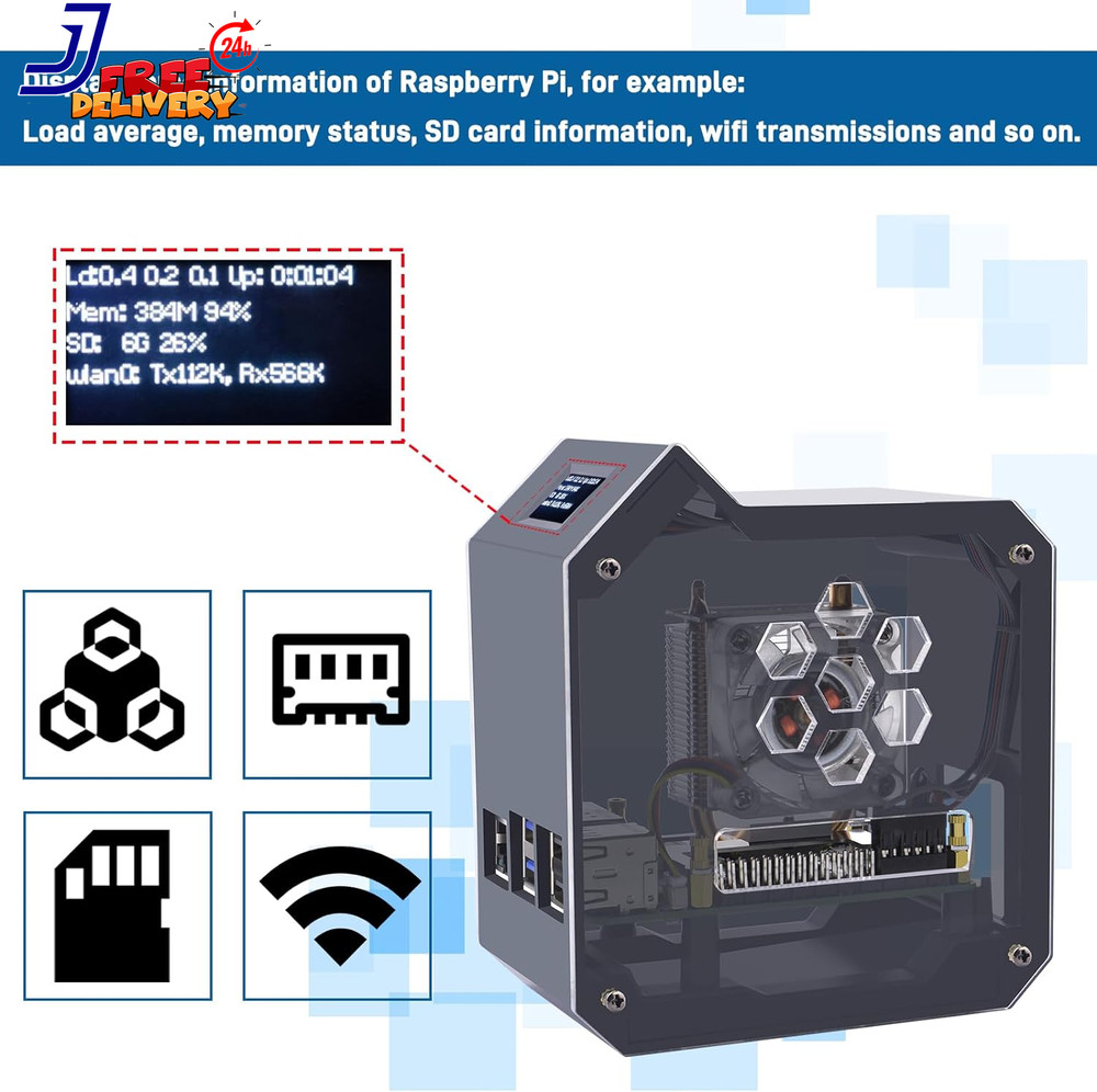 Mini Tower Kit for Raspberry Pi 5, Case with ICE Tower Cooler 0.96'' OLED Module