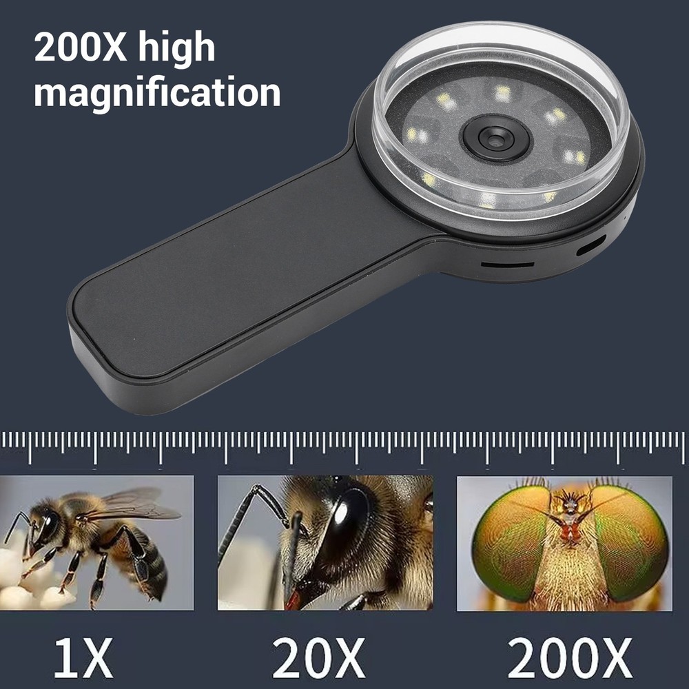 Handheld Digital Microscope 200x Magnification Dual LED Black