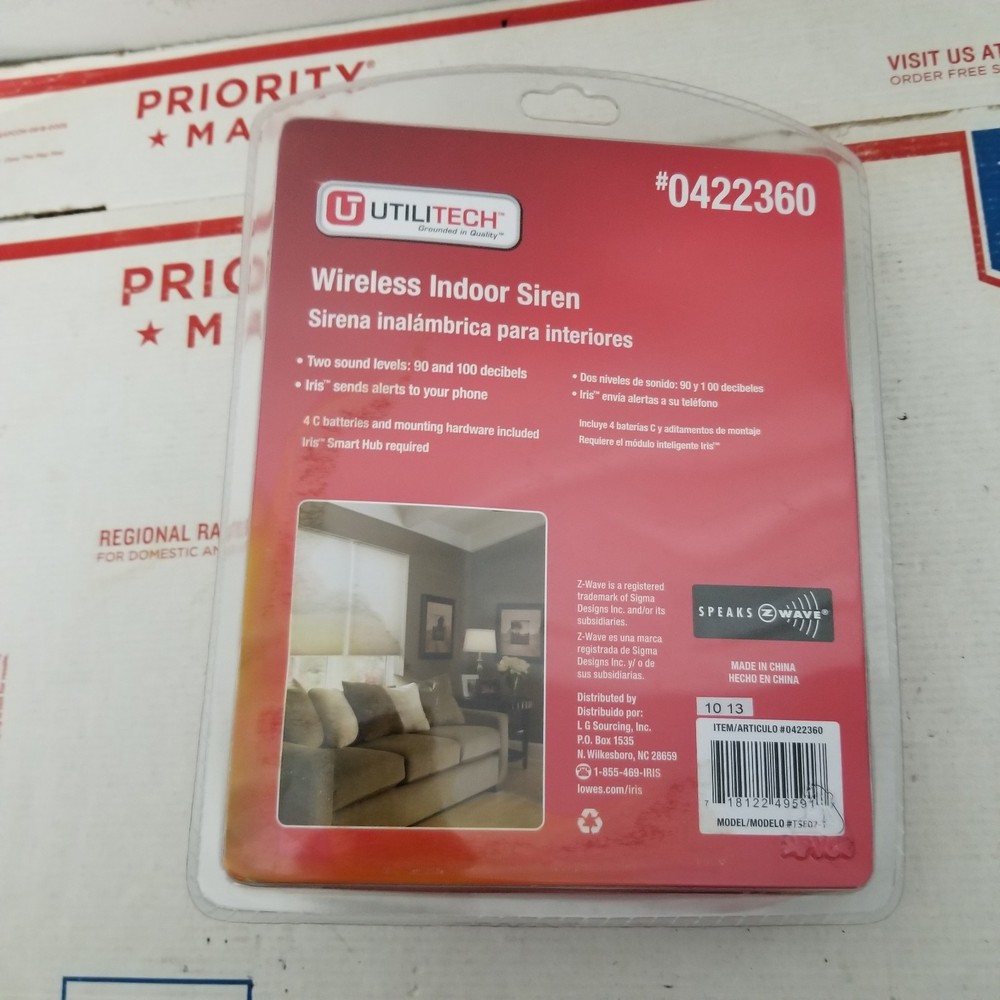 Utilitech Wireless Indoor Siren Z-wave Model TSE07-1 Iris Security System
