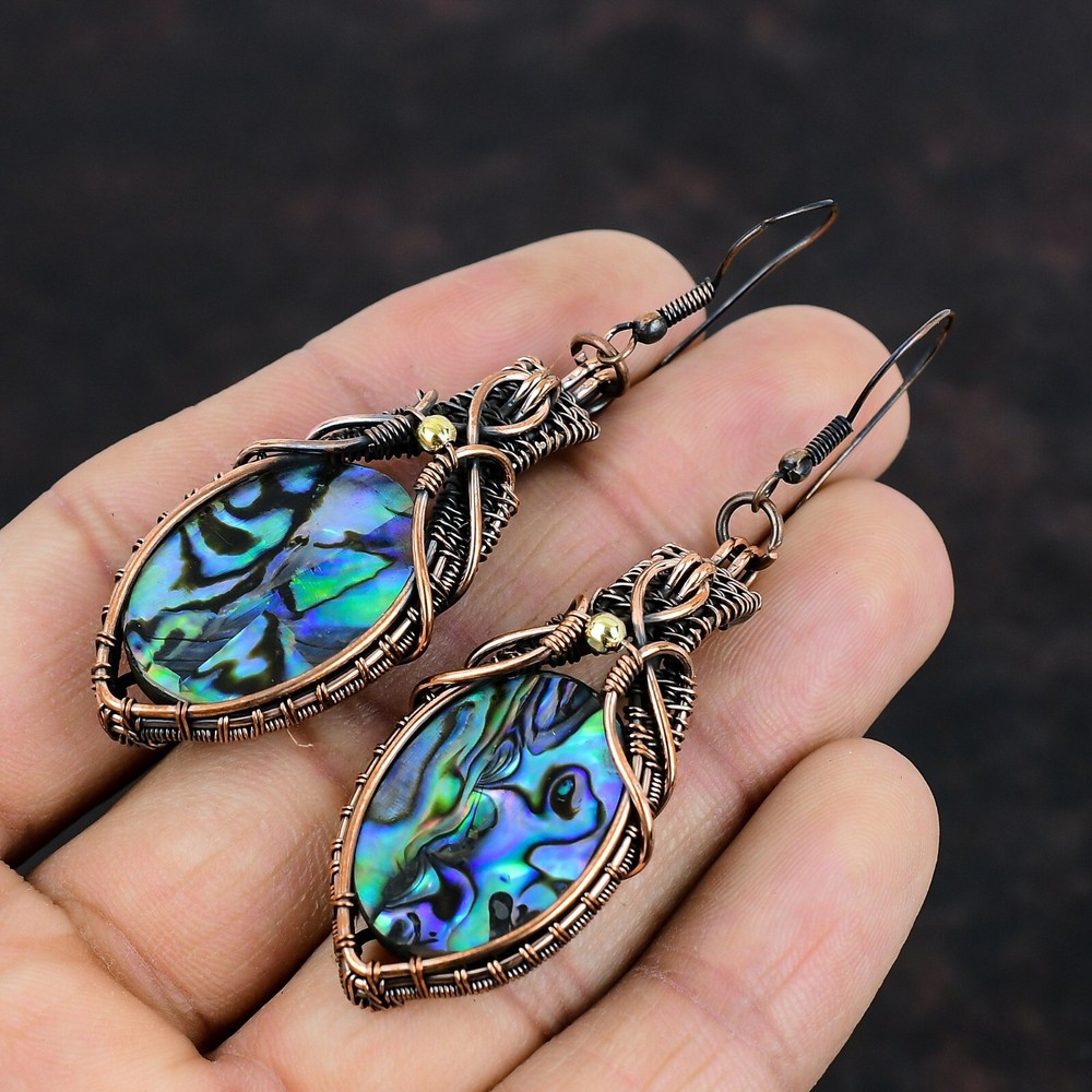 Abalone Shell Copper Valentine Gift Wire Wrapped Drop/Dangle Earrings 2.99"