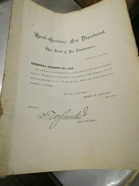 Authentic October 21, 1884 Boston Fire Department Orders Page
