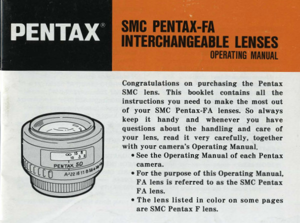 SMC Pentax-FA Interchangeable Lenses Instruction Manual Original (1991-1993)