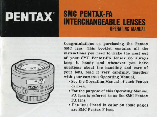 SMC Pentax-FA Interchangeable Lenses Instruction Manual Original (1991-1993)