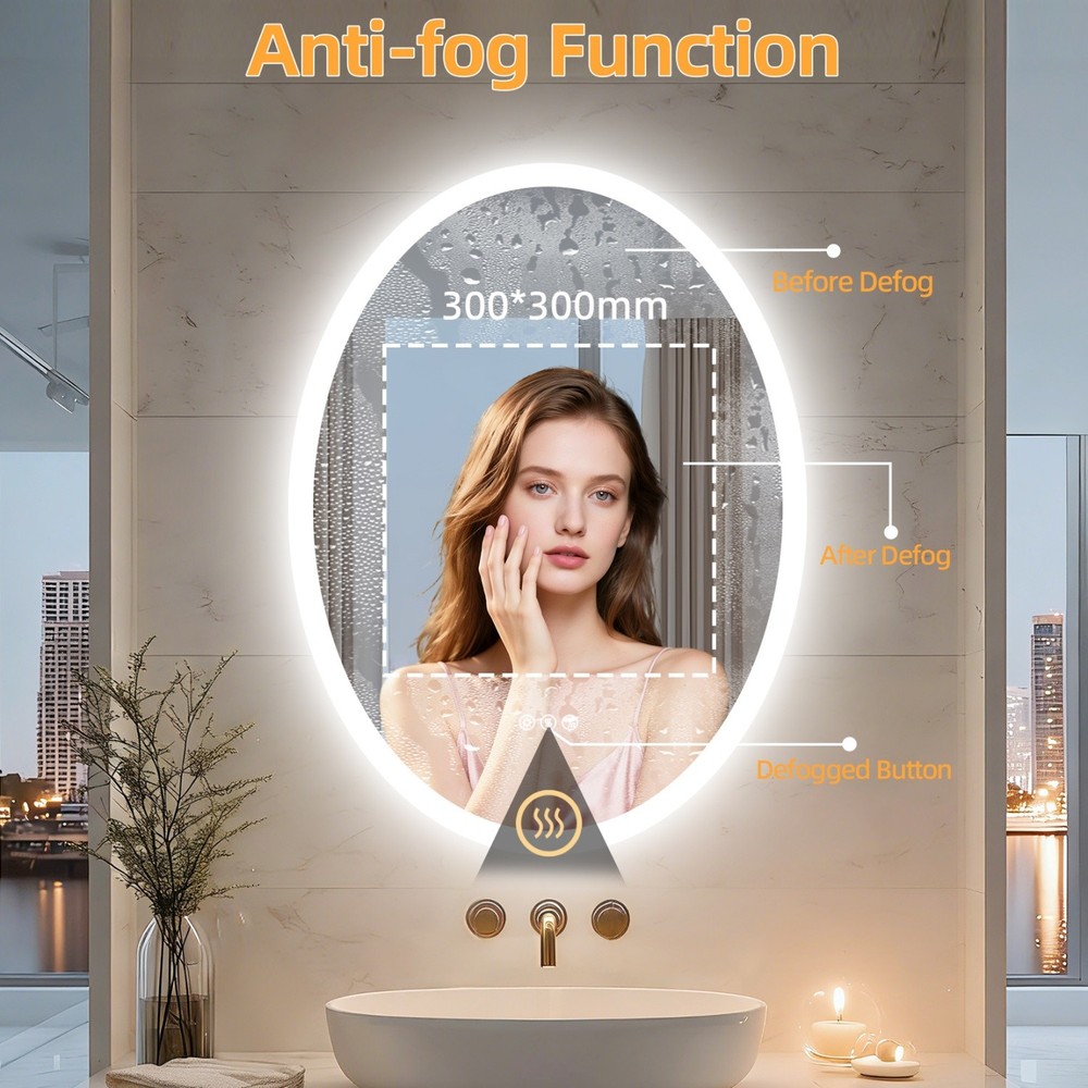 Oval LED Bathroom Bluetooth Mirror Touch Antifog Memory 3 Color Light Adjustable