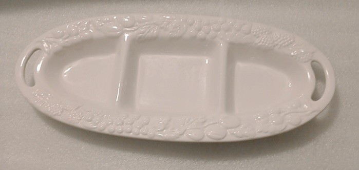 WCL Pottery White Oval Three Section Platter Embossed Fruit Design Handles 16.5”