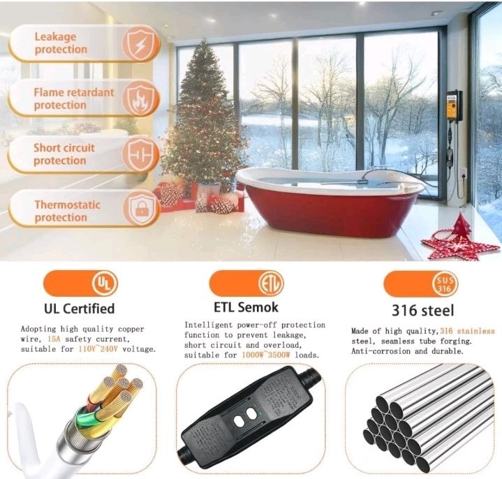 120V | 2000W Portable Immersion Water Heater with Thermostat & GFCI Protection -