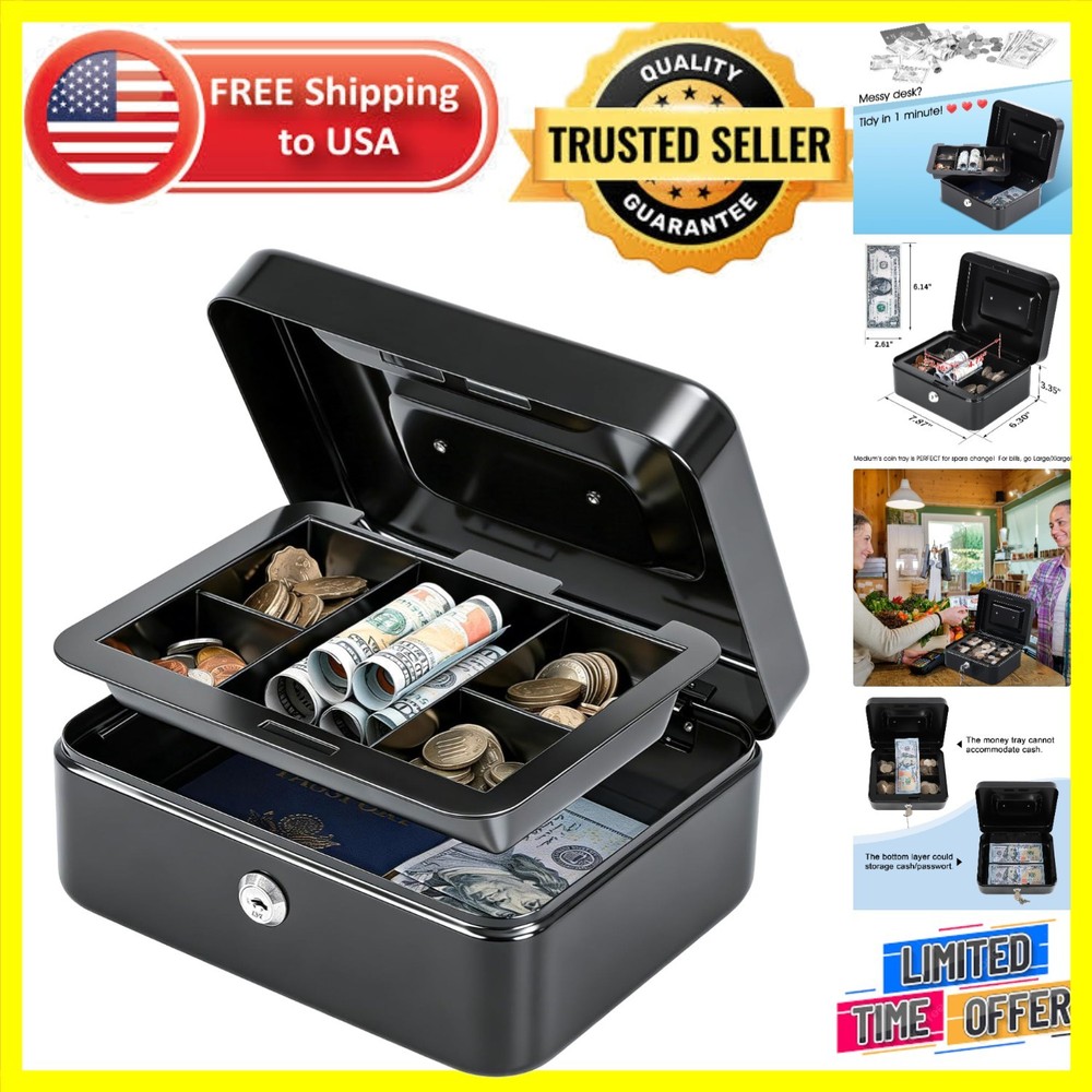 Durable Medium Cash Box with Key Lock & Removable Tray, Secure Black Storage