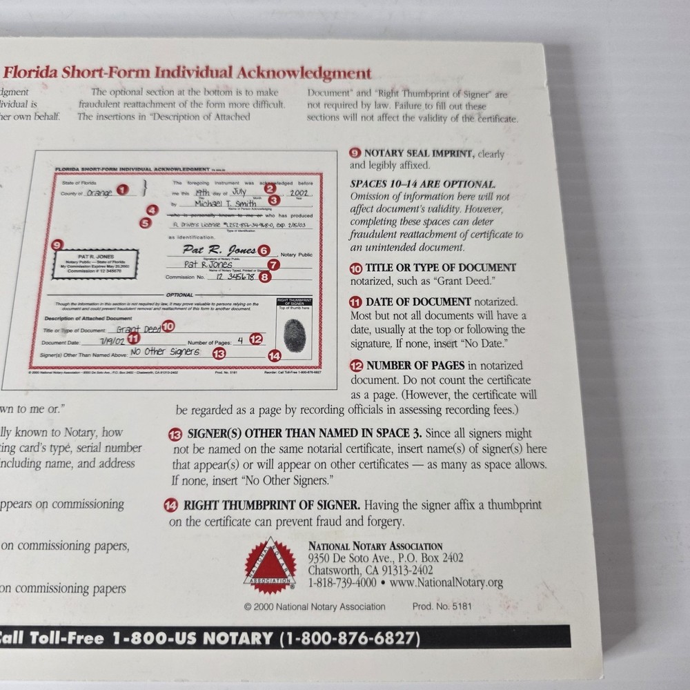 Florida Individual Acknowledgment About 100 Sheets Short Form Pad