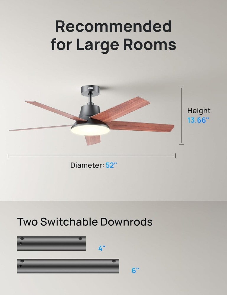 52" Ceiling Fan with Lights, Remote, 6 Speeds, Dimmable LED, Black