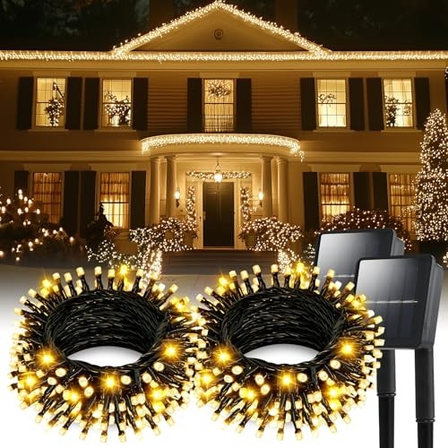 Solar String Lights for Outside, 2 Pack 200 Led Solar 145ft Warm White