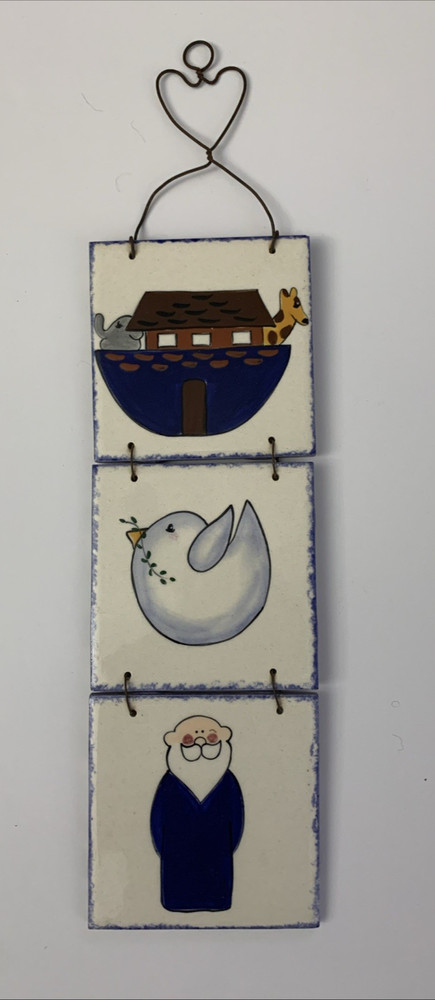 Wall Hanging  Handmade  Ceramic Tile  & Wire   Noah’s Ark  Theme   17" x 4"  EUC