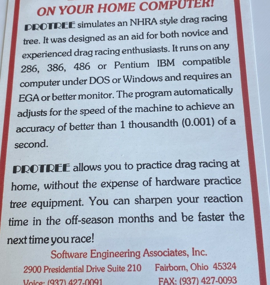 Vintage Pro Tree Drag Racing Tree Simulator Windows 3 1/2” Diskette