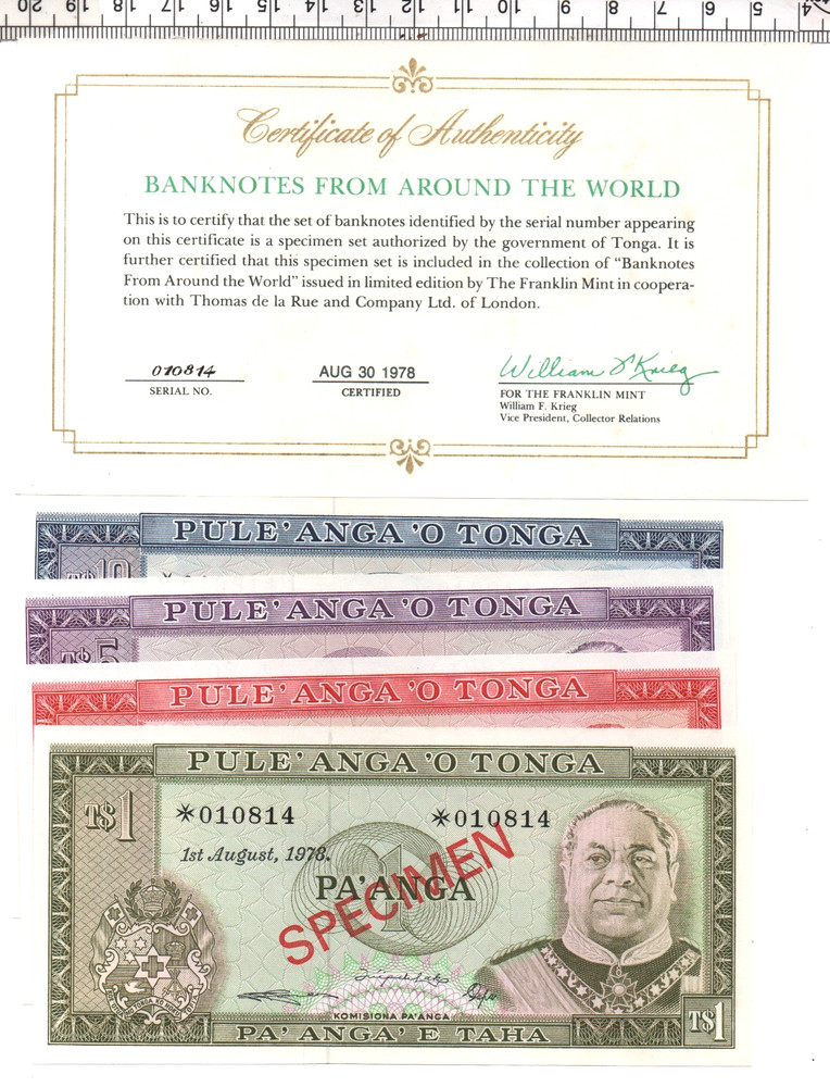 1978 TONGA 4 NOTE SPECIMAN SET BANKNOTES FROM AROUND THE WORLD (MS-164)