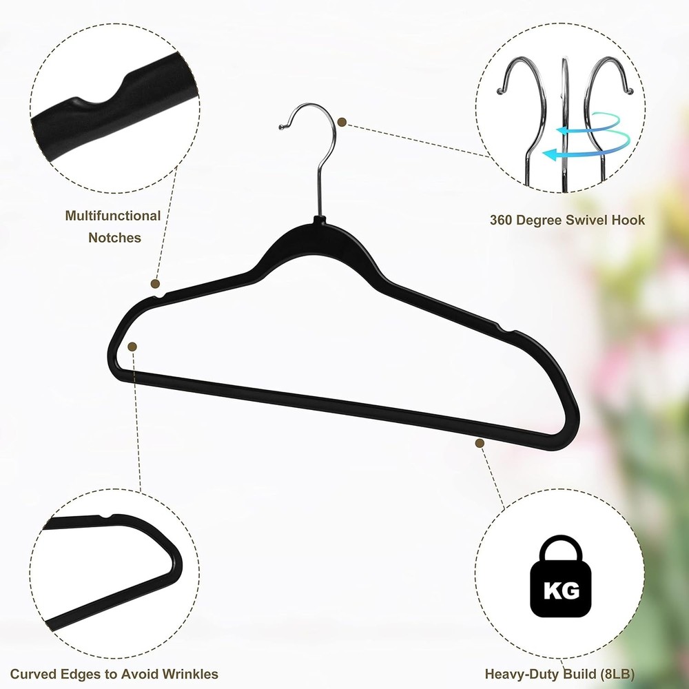 50-Pack Slim Black Plastic Hangers with Rotatable Chrome Hooks - Space-Saving
