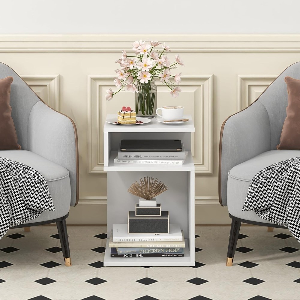 HOMGX S-Shaped End Table, 3-Tier Side Table w/ 2 Open Storage Compartments & ...