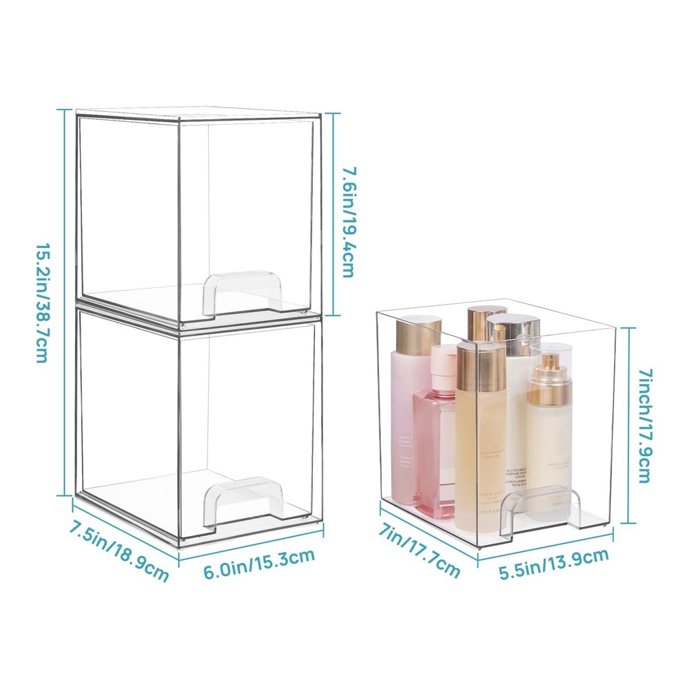 7.6" H Clear Stackable Storage Drawers 2 Pack Plastic Organizers Bins for Ski...