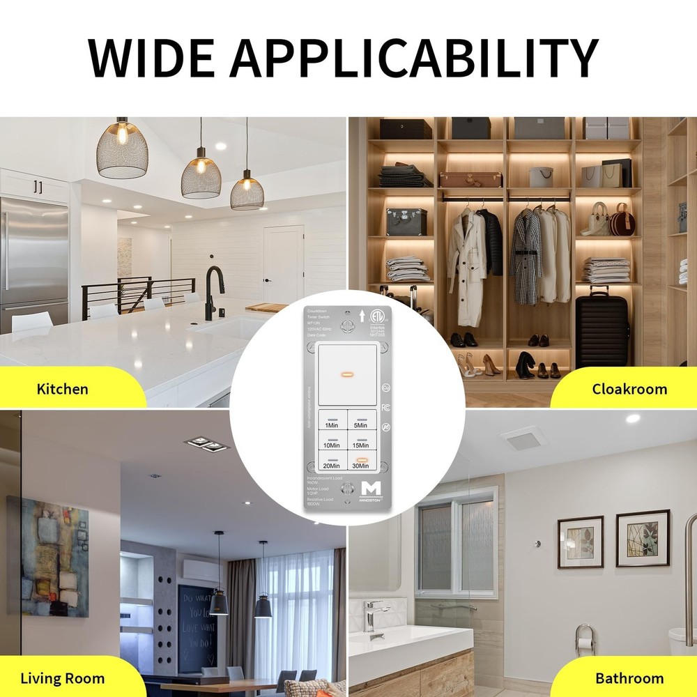 Minoston Countdown Timer Switch with Dimmable Indicator, 30 Min Wall Bath Fan...