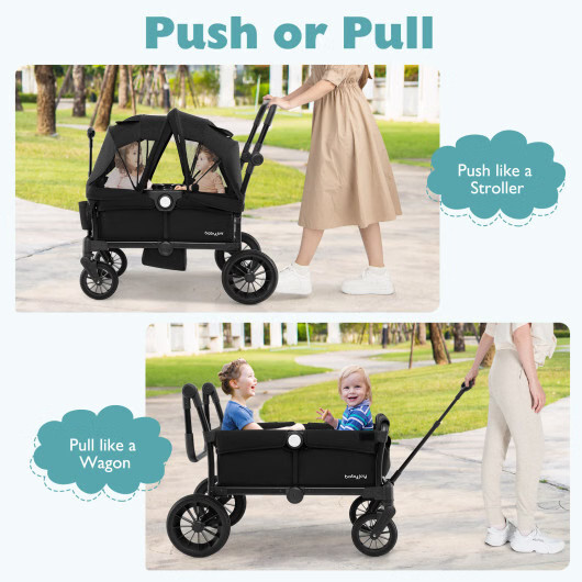 2 Seater Push Pull Collapsible Kids Wagon Stroller with Adjustable Handlebars-Bl