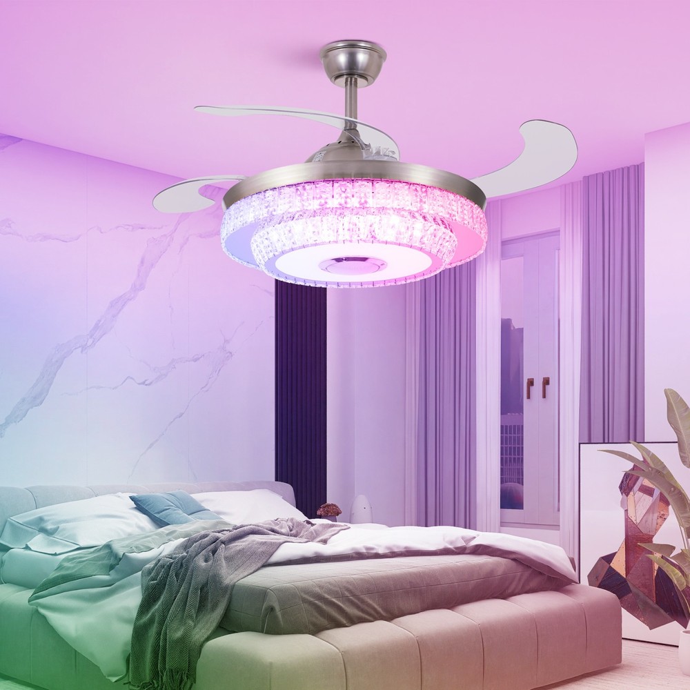 Bluetooth Crystal Ceiling Fan with Light – Retractable Blades, Dimmable LED