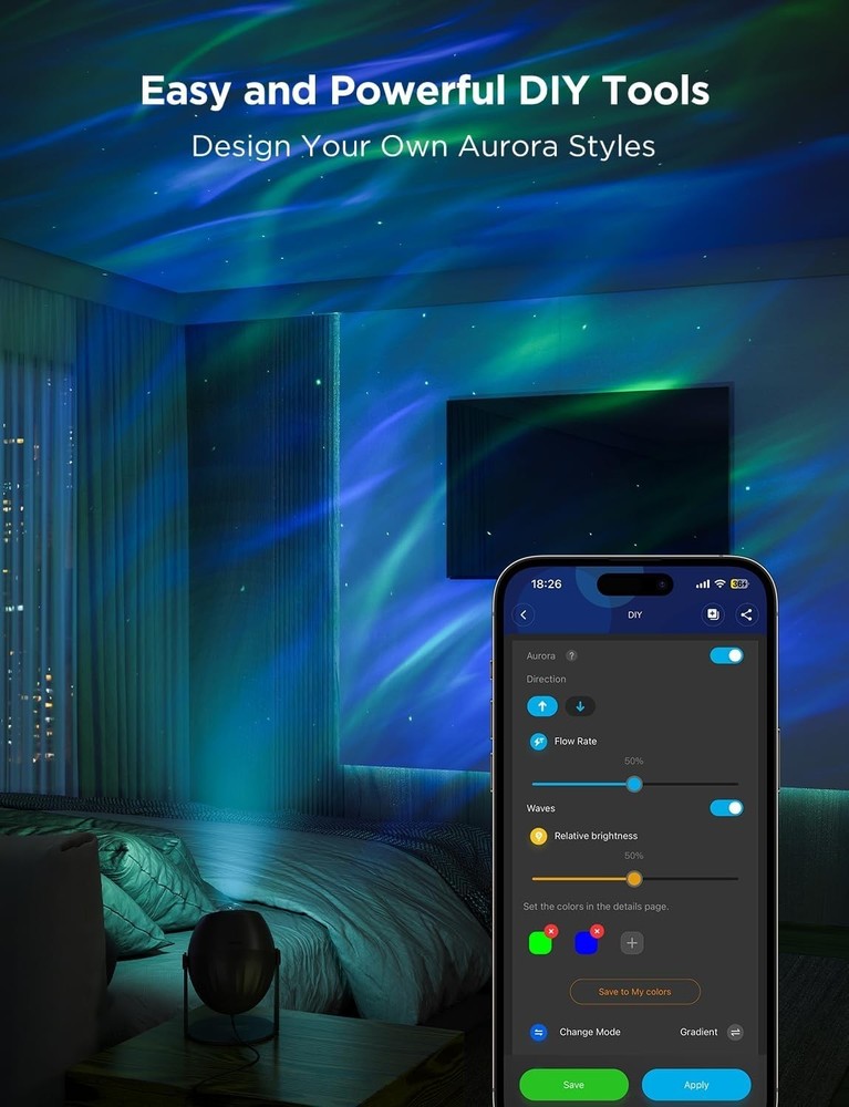 Multicolor Aurora Flow Projector - 3 Wave Effects, Bluetooth & Custom Settings