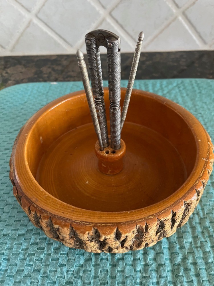 Vintage Nut Bowl Rustic Edge Tree Bark Set with 1 Nutcracker & 2 Picks