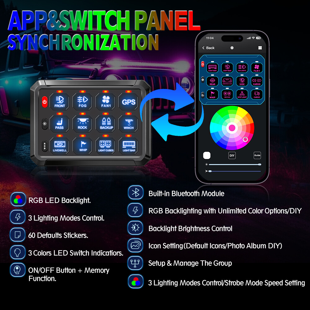 12 Gang RGB Switch Panel bluetooth Remote Control LED ON/OFF For Ford