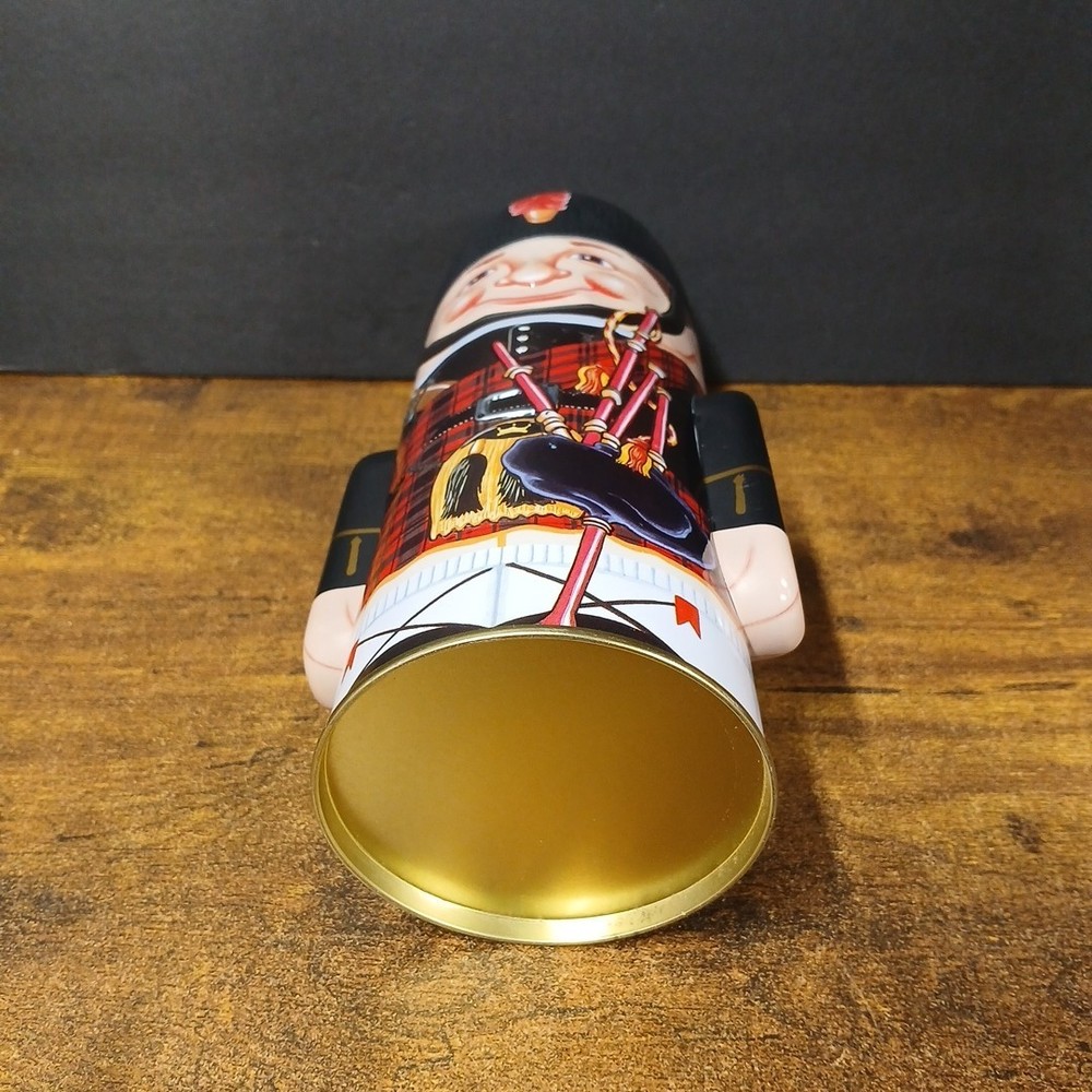 Cookie Tin Scottish Highlander Bagpipe 9 1/4" Nutcracker Round Cylinder Decor