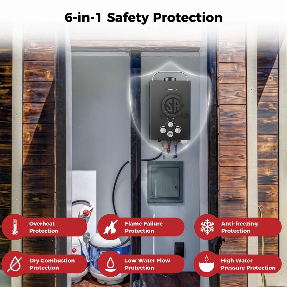 6L Portable Camplux Gas Water Heater 1.58 GPM Instant Hot Outdoor Shower Black
