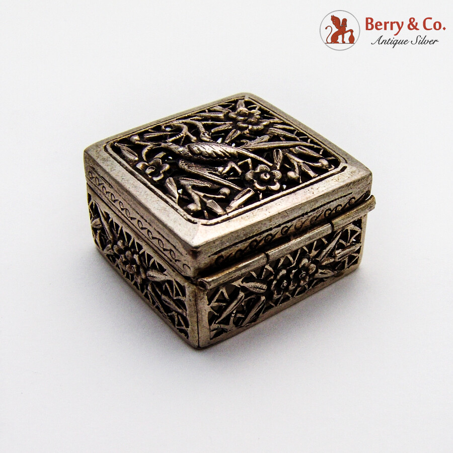 Openwork Floral Bird Pill Box Square Form Chinese Export Silver