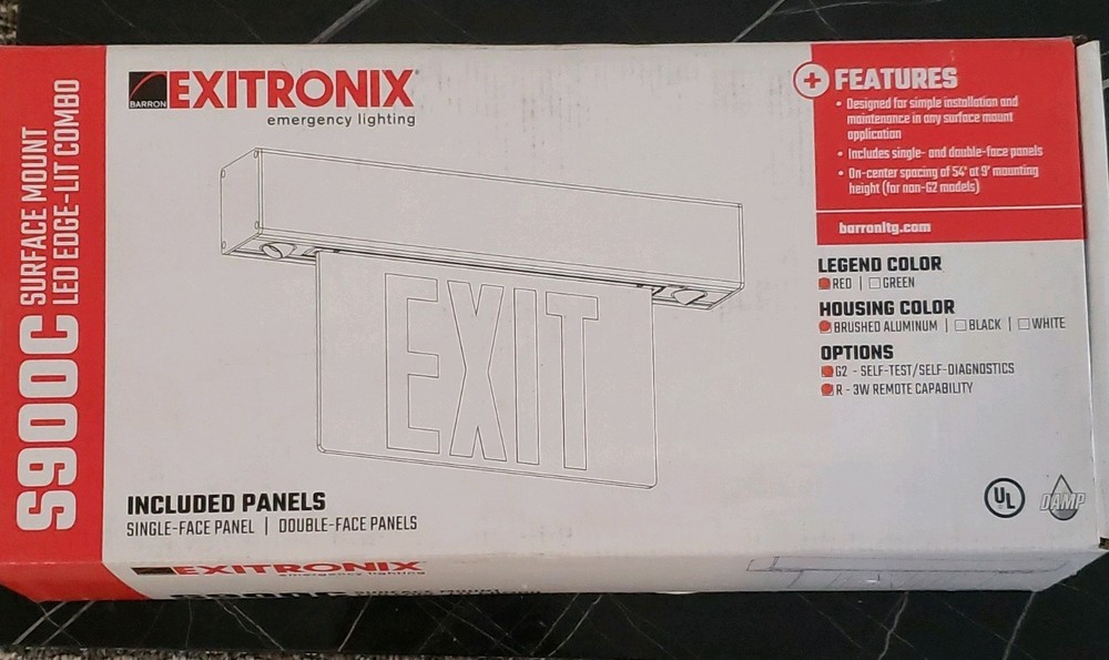 EXITRONIX S900C LED EDGE-LIT EXIT SIGN BRUSHED ALUMINUM WALL MOUNT