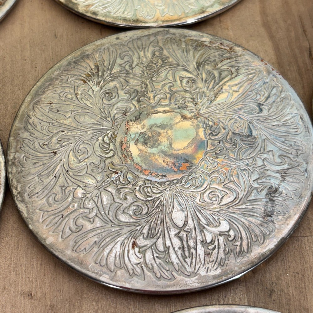 Set 9 Silverplate Coasters, Embossed Floral Pattern, Vintage, 3.5"dia