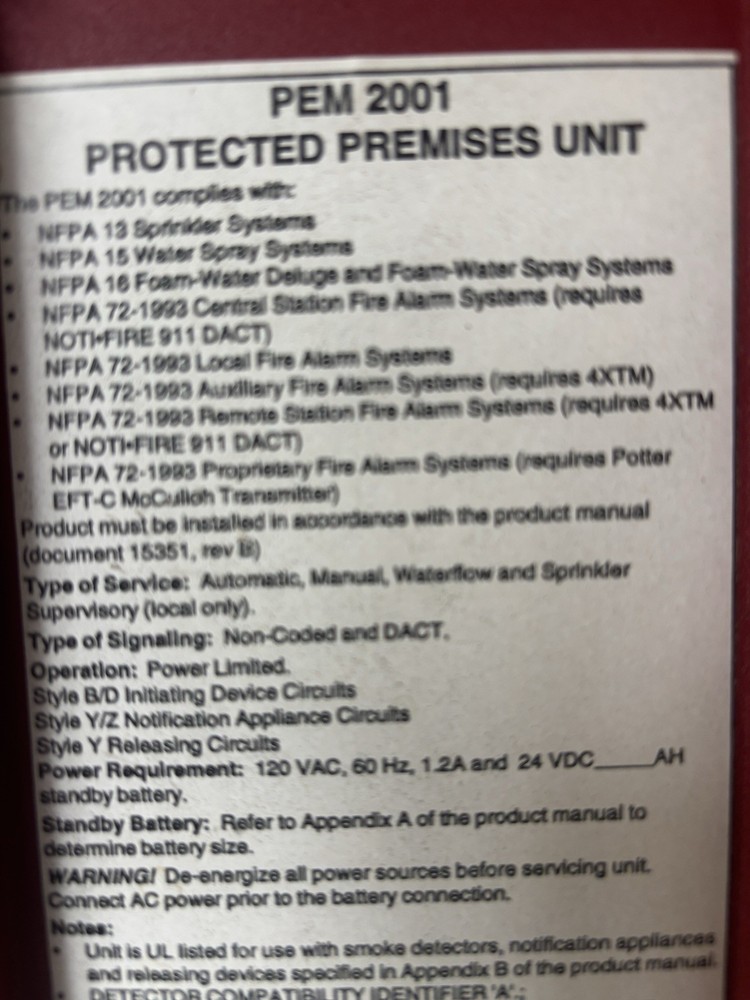 PEM 2001 Deluge Preaction Control Panel