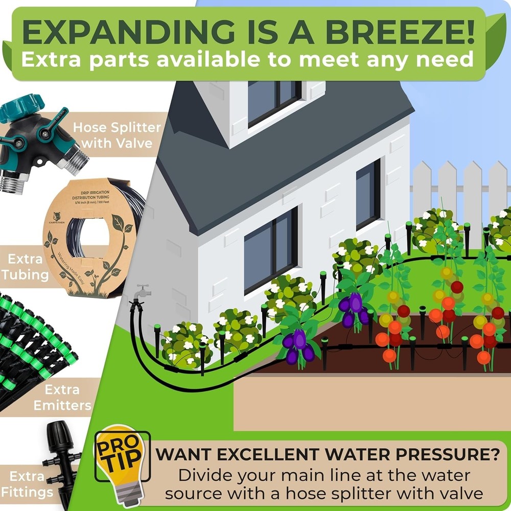 Drip Irrigation System Kit - Complete Garden Watering System with Adjustable...