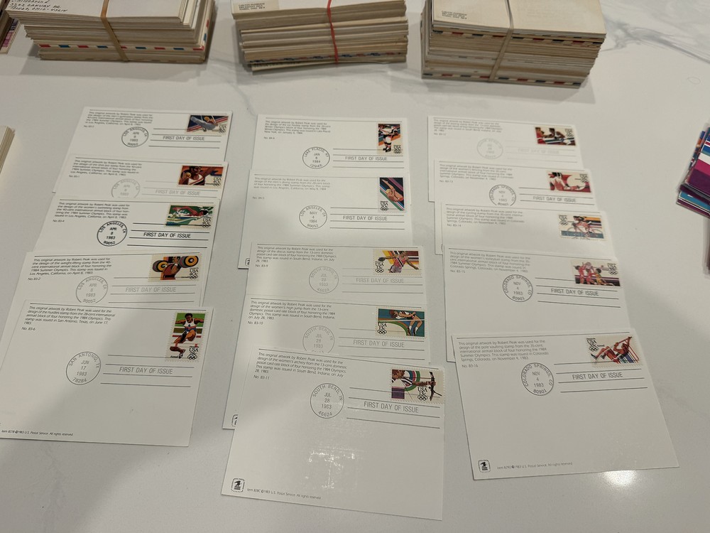 100 FDC 1984 olympics POSTCARD ROBERT PEAK ARTWORK SOME FIRST DAY COVERS 2 SIDE