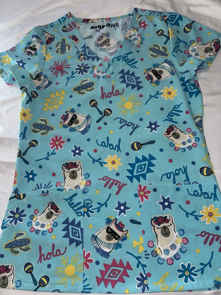 Aqua Above XS Patterned Blue Multicolor Scrub Top Polyester Spandex