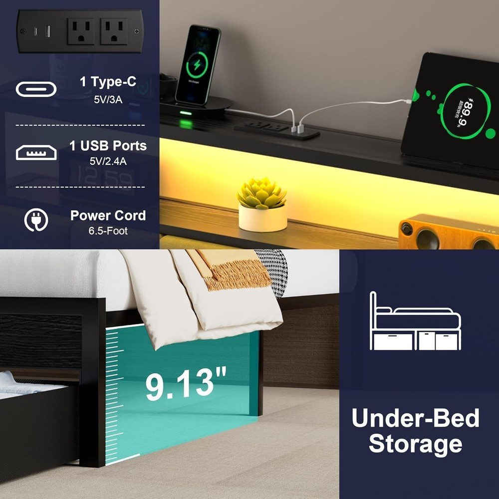 Twin Bed Frames with Storage Drawer, Platform Bed with Charging Station and L...