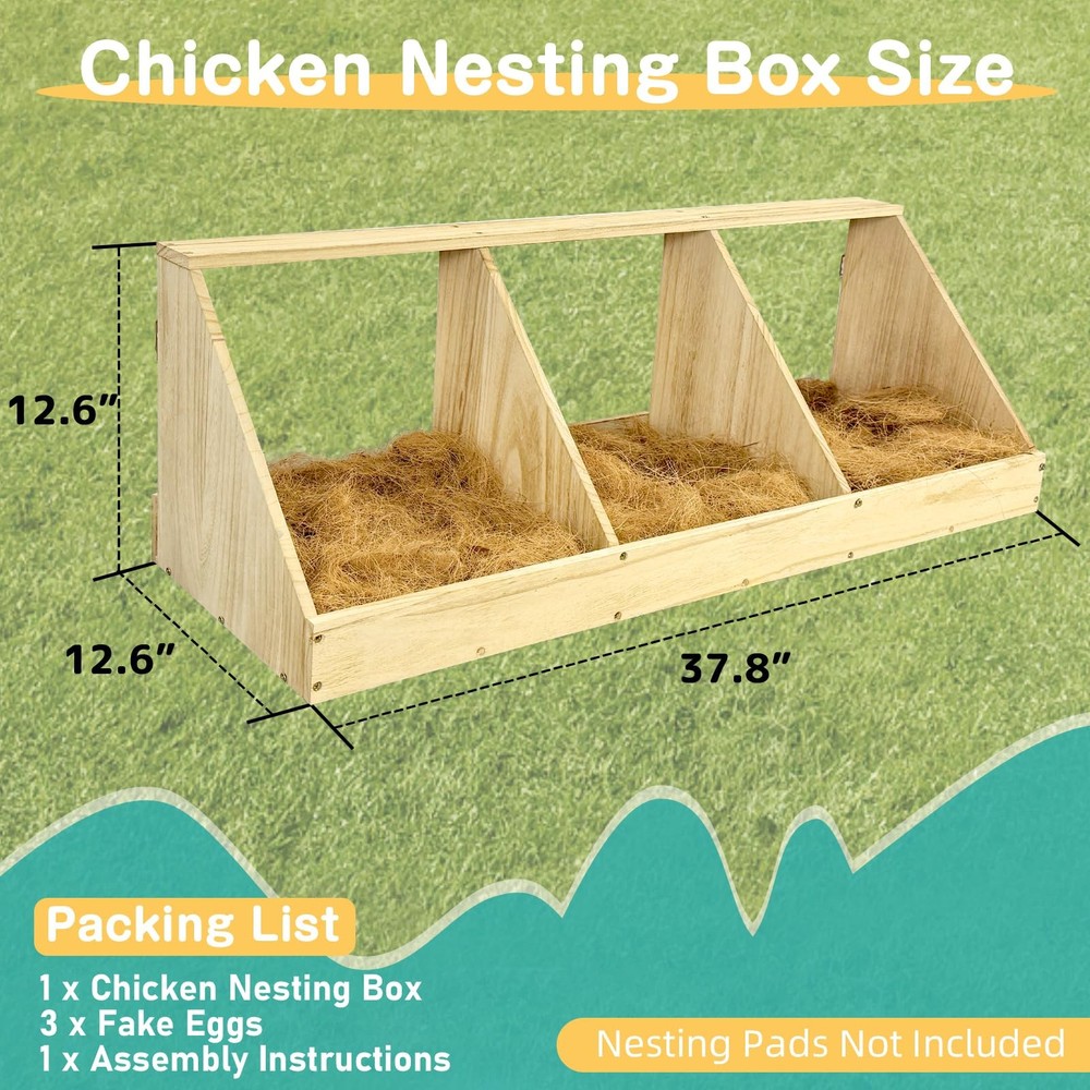 Chicken Nesting Boxes, 3 Compartment Wooden Chicken Laying Boxes, Nesting Box...