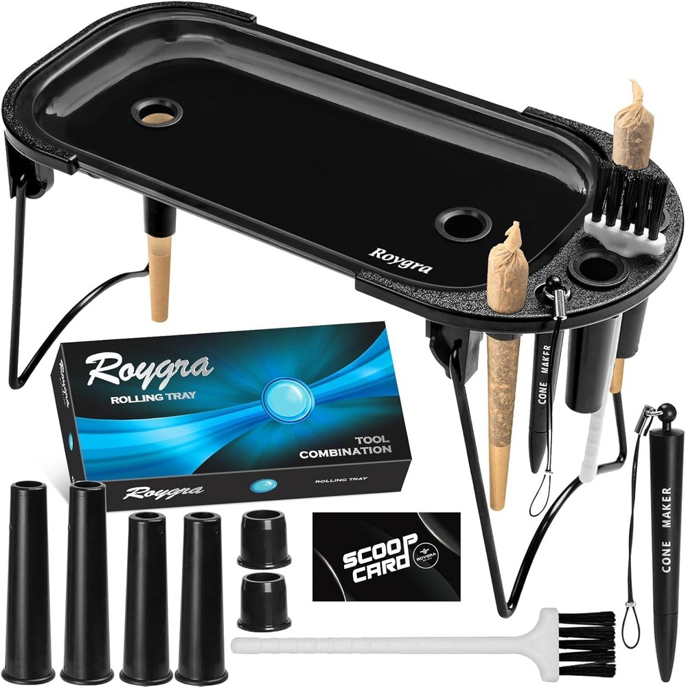 Foldable Rolling Tray Set w/ Cone Loader & Filler Roller Machine Black 9x4"