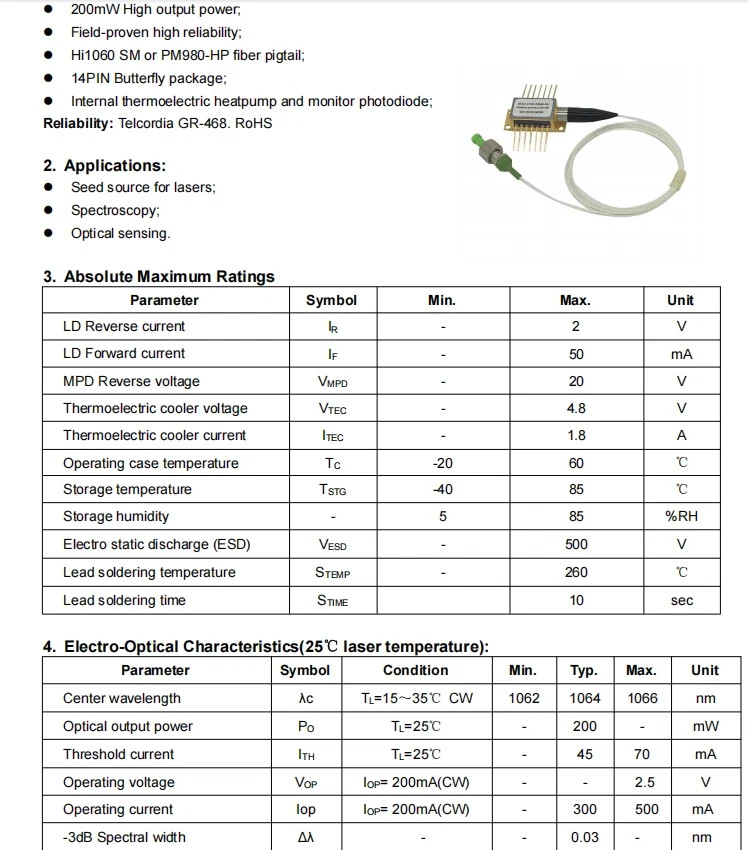 1064 ± 2nm 200mW DFB Laser Diode PM