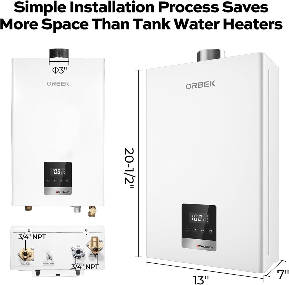Residential Indoor Natural Gas Tankless Water Heater ORBEK 3.6 GPM 80,000 BTU