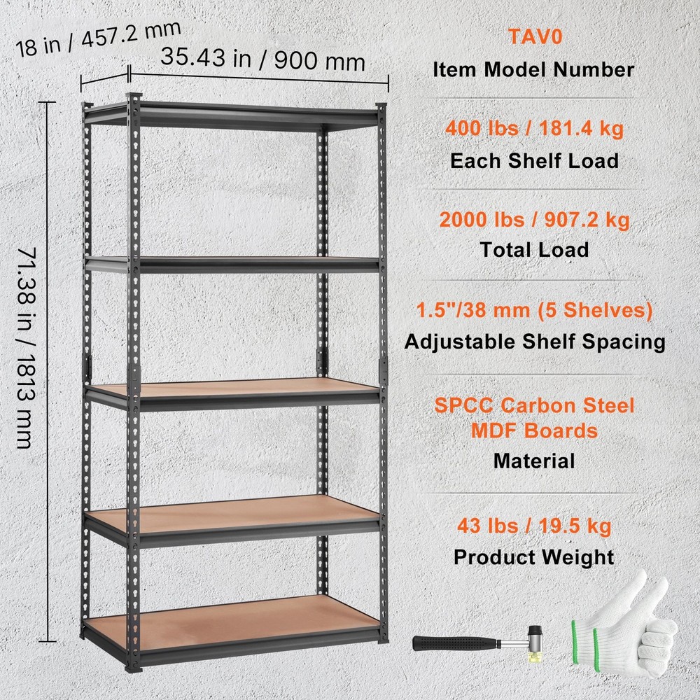Storage Shelving Unit, 5-Tier Adjustable, 2000 lbs Capacity, Heavy Duty Garage S