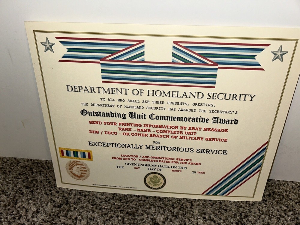 D.H.S. OUTSTANDING UNIT AWARD COMMEMORATIVE CERTIFICATE ~ TYPE-2 / W/PRINTING