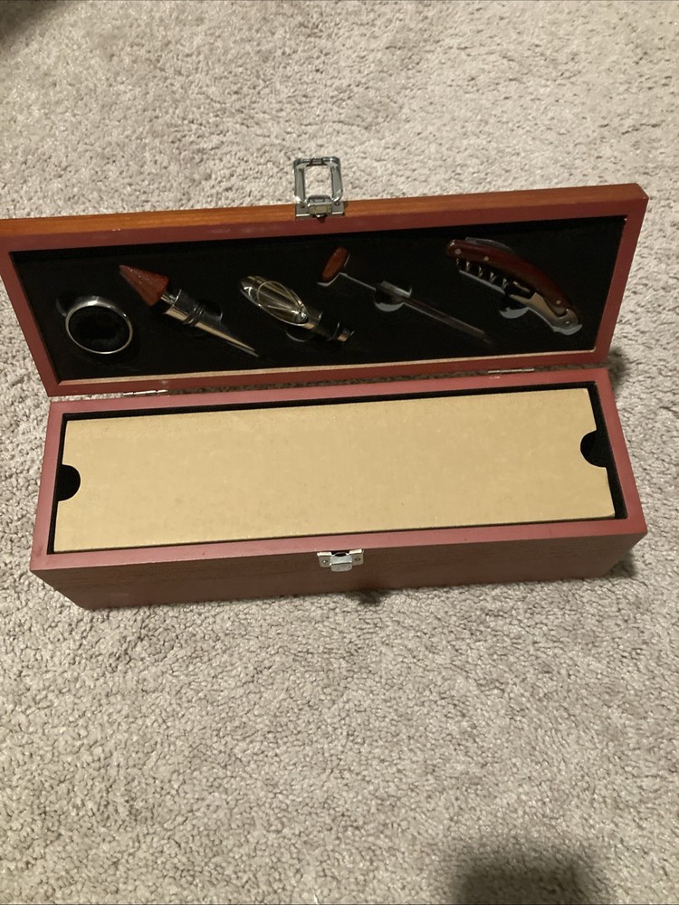 Wooden Wine Box with 5 piece bar tool set Corkscrew, Stopper, Diffuser, etc..