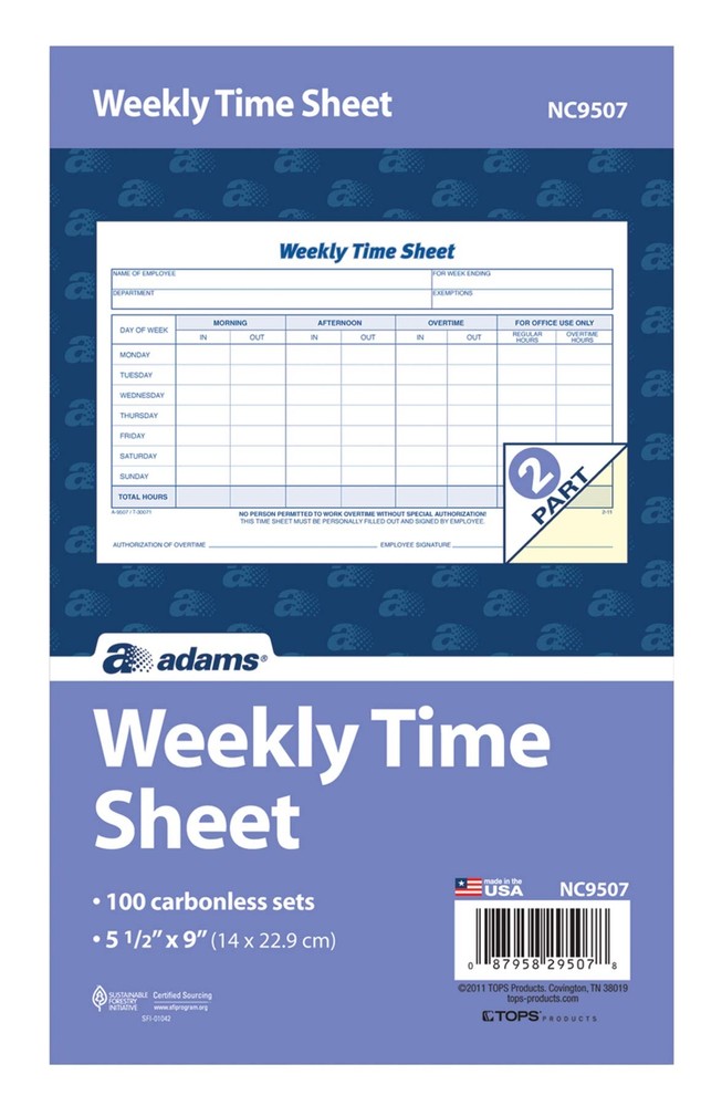 Adams Time Sheet, 9 x 5.5 Inch, Weekly Format, 2-Part, Carbonless, 100-Pack,