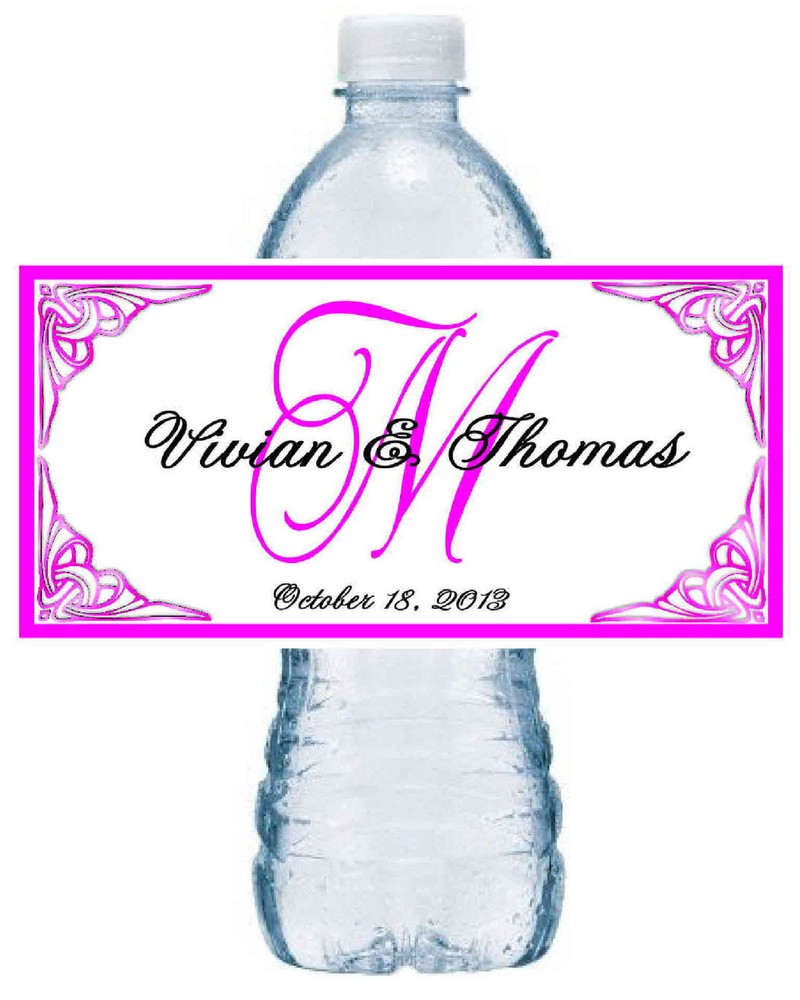 100  PERSONALIZED HOT PINK MONOGRAM WEDDING WATER BOTTLE LABELS  Waterproof Ink