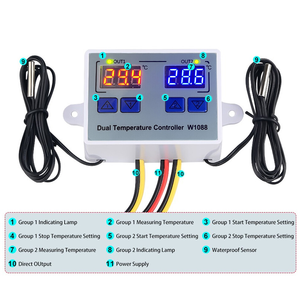 DC12V 24V AC110-220V W1088 Digital Display Smart Temperature Dual Controller