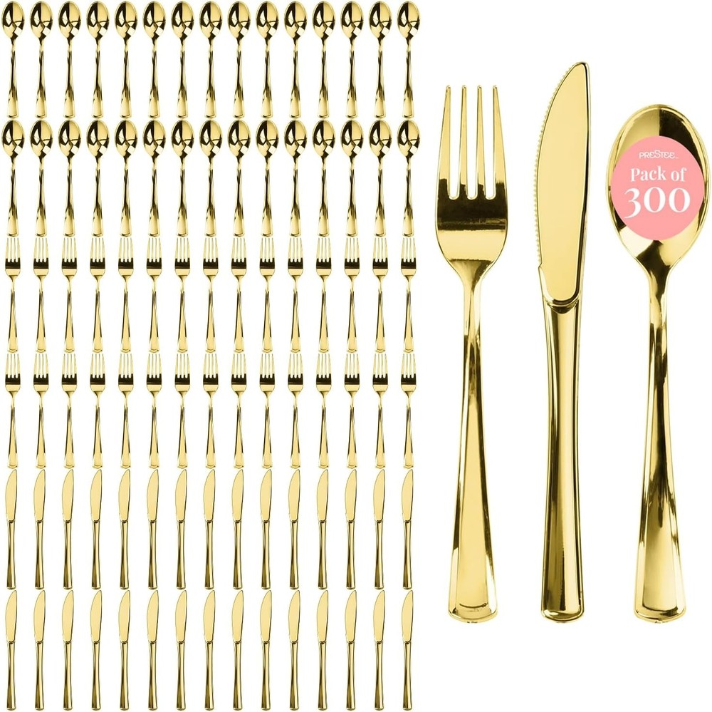 300 Piece Heavy Duty Plastic Silverware Set 100 of Each Silver Plasticware Forks