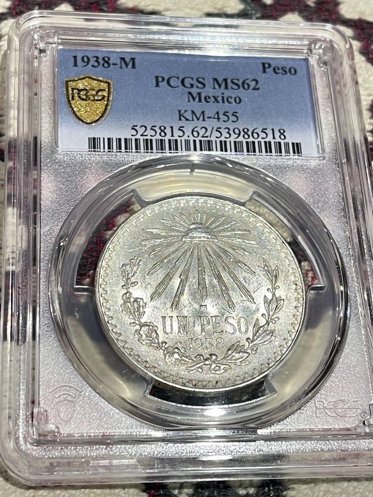 1938 Mexico💎💎 MS62 💎💎 Peso Cap & Rays 💎💎PCGS SECURE Gold 🌟🌟 SHIELD